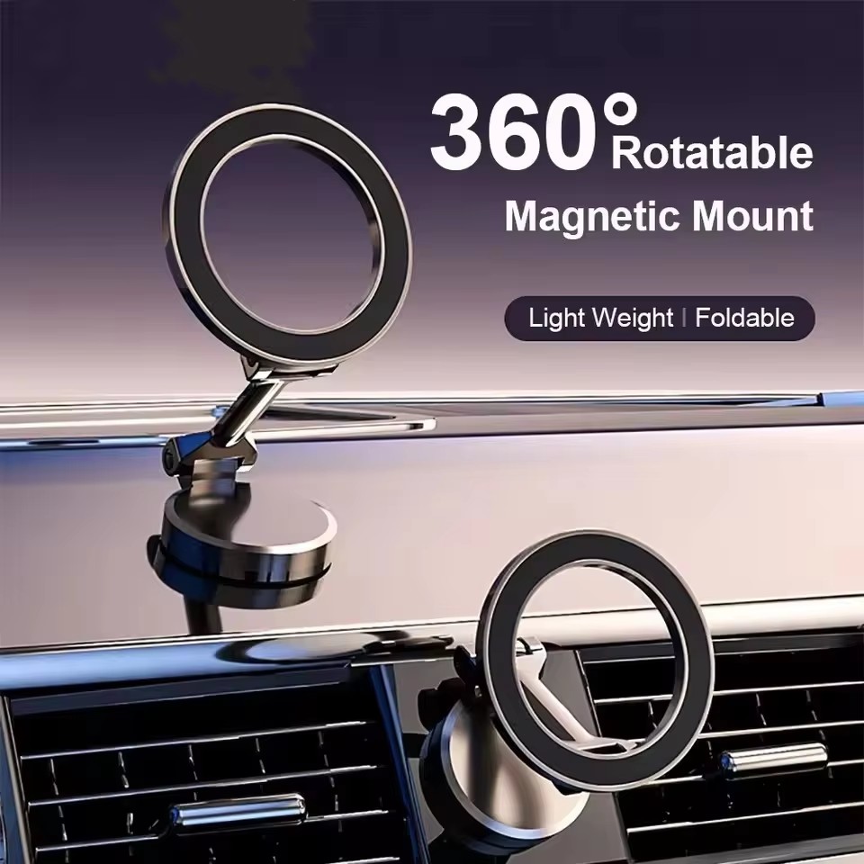 Car Phone Holder - マグセーフ360対応折りたたみ式マグネット式車載携帯電話ホルダー ° iPhone 17、Huawei、Xiaomi対応 車載用調整可能マグネット式マウントスタンド