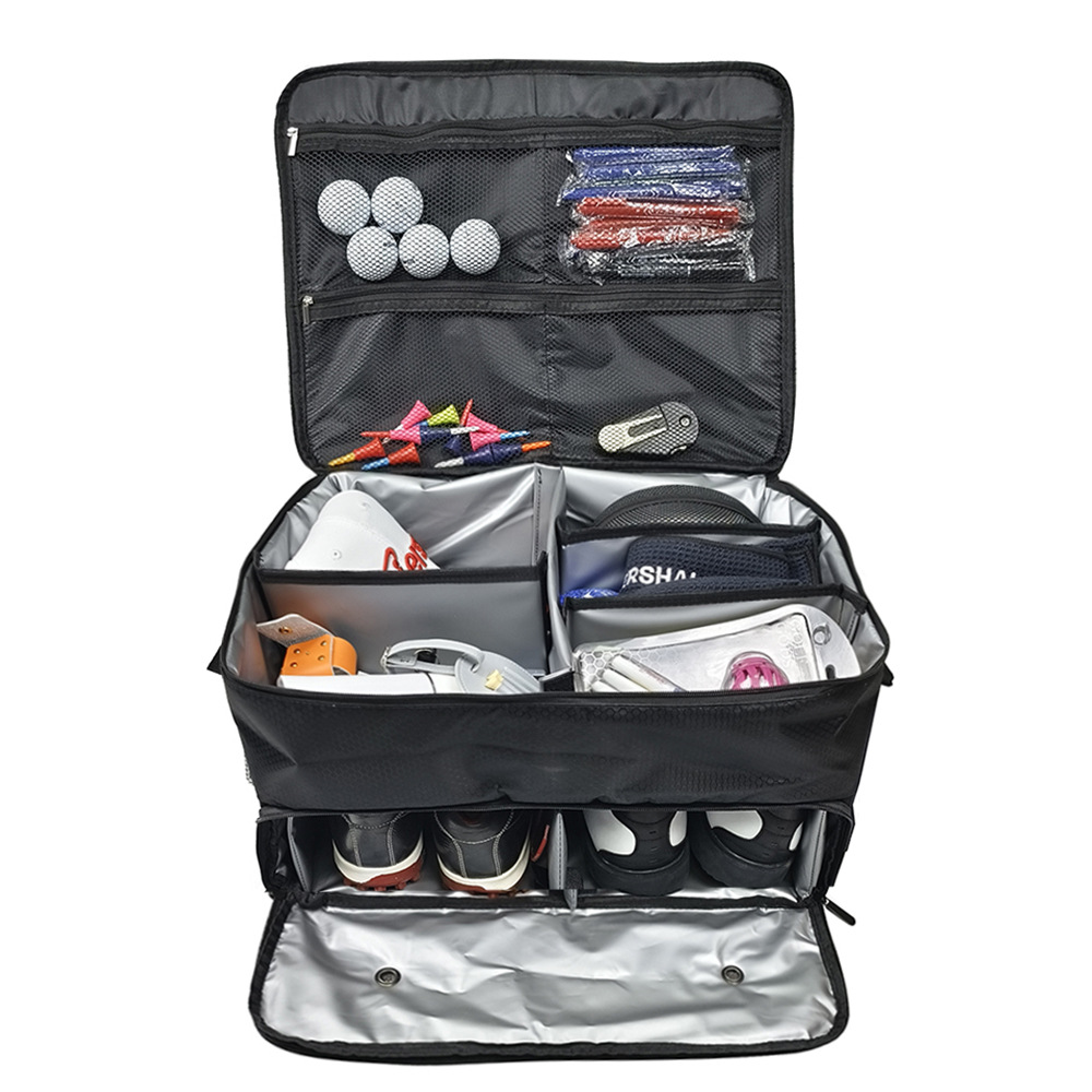 Car Organizer - ゴルフ用トランクオーガナイザー。2足の靴を収納できる独立した仕切り付き。USメンズサイズ16までの靴に対応。ゴルフボール用の収納にも。