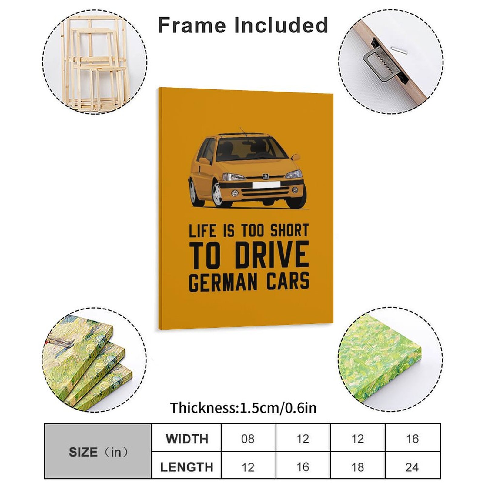 パグ106 ドイツ車を運転するには人生が短すぎる キャンバス - Car Mirror のレビューと価格