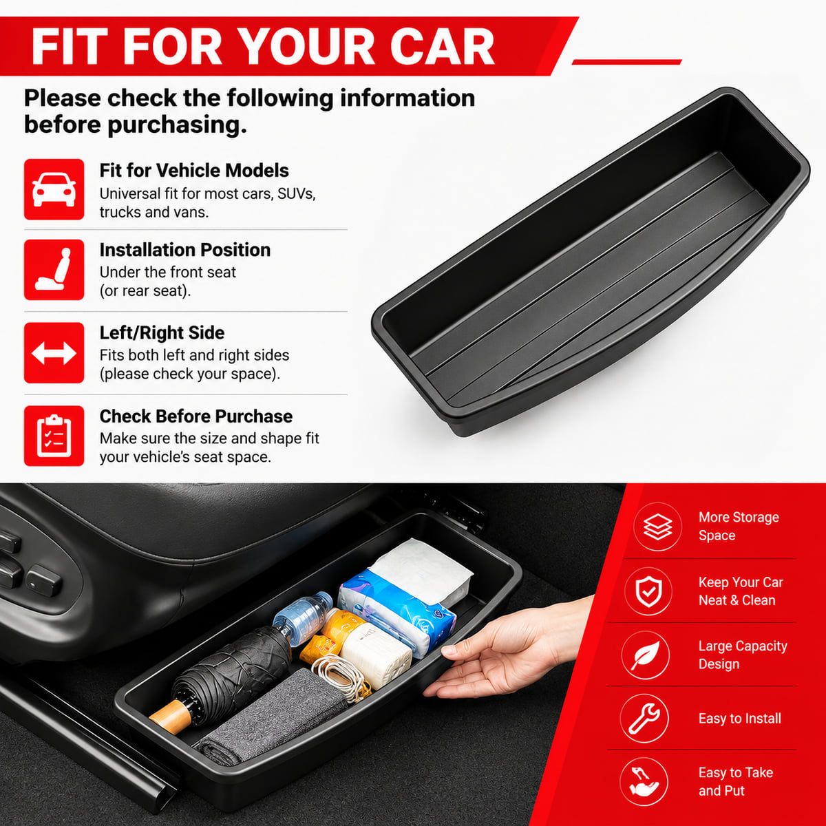 PINMOAP 車用シート下収納トレイ、ブラック、プラスチッ - Car Cable Organizer のレビューと価格